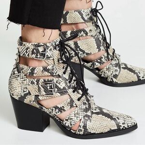 Sam Edelman Black and Cream Snakeskin Lace-Up Boots